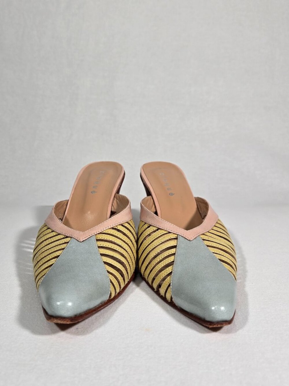 Vintage Y2K Whimsical Color-Block Cage LEATHER Pointed Kitten Mule Women Size 7. - Picture 5 of 17